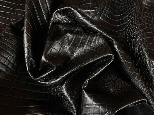 Close-up of black crocodile embossed leather